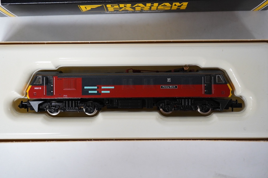 Three boxed Graham Farish N gauge railway Class 90 electric locomotives; BR 90022 Freight connection (8828), Virgin 90013 The Law Society (882A) and Rail Express 90019 Penny Black (8825). Condition - good.